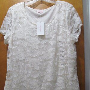 NWT Isaac Mizrahi Floral Lace Top Short Sleeve Lined Ivory "Ivy" Size XXL